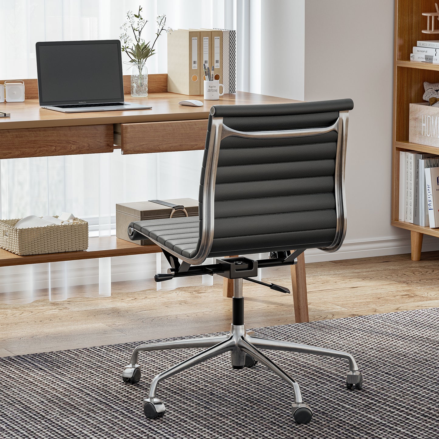 Ribbed Genuine Leather Eames Armless Executive Swivel office chair