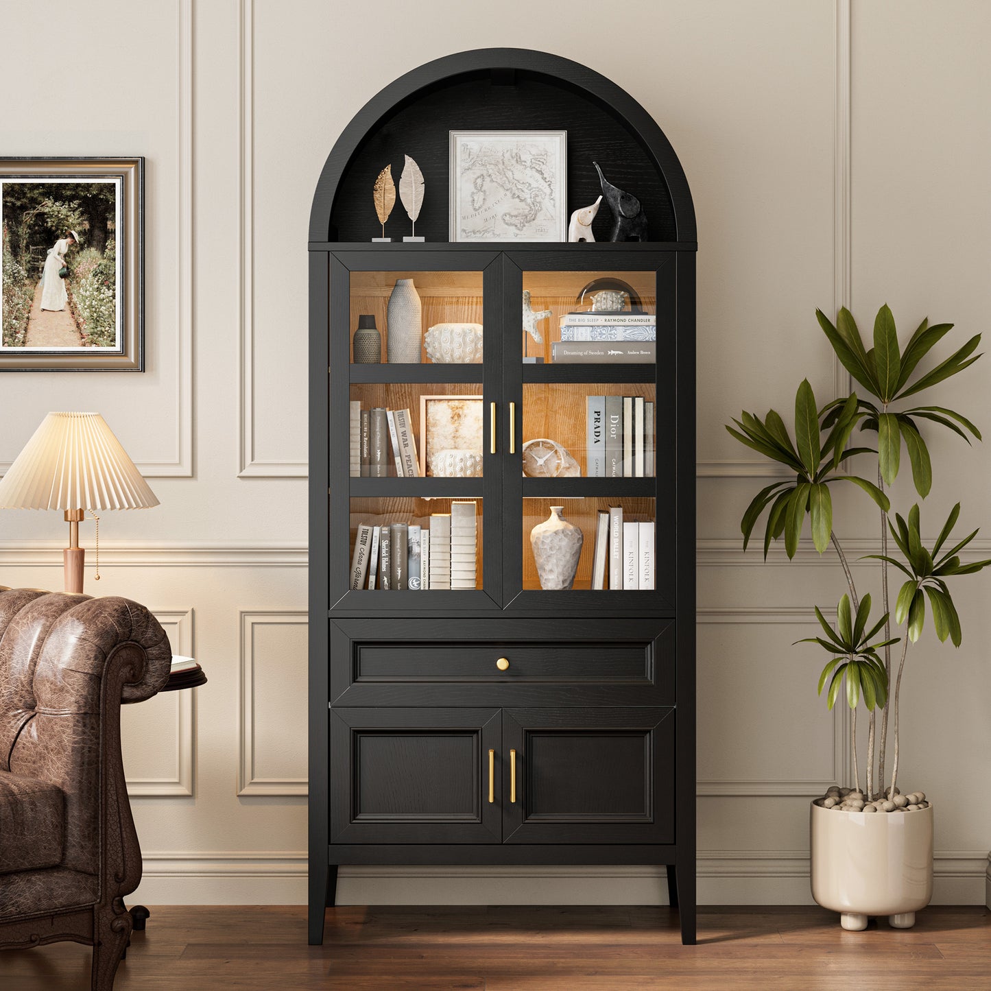 Arched Storage Cabinet with Glass Doors and Auto Sensor LED Lights