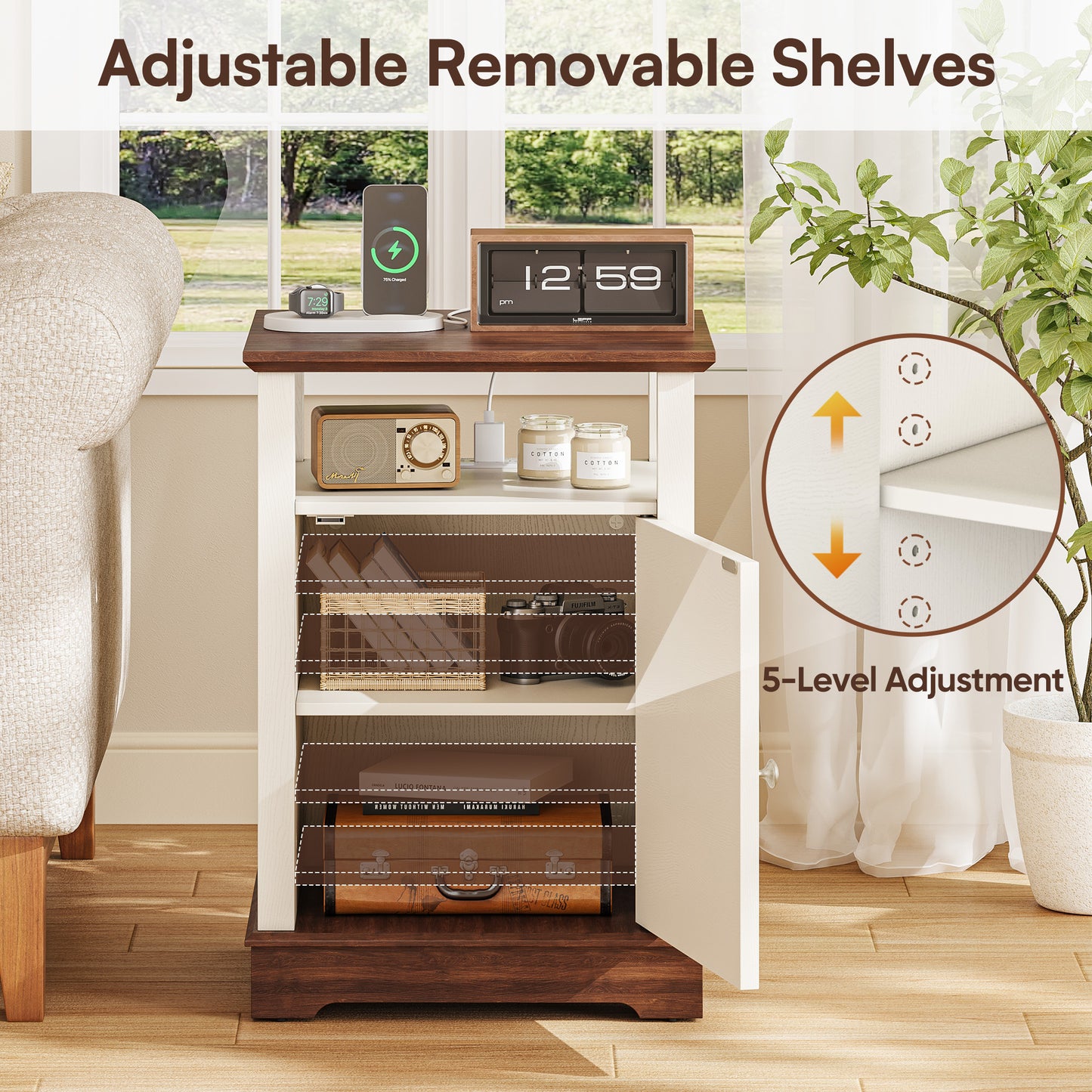 Farmhouse Style End Table with Storage Cabinet & USB Charging Ports