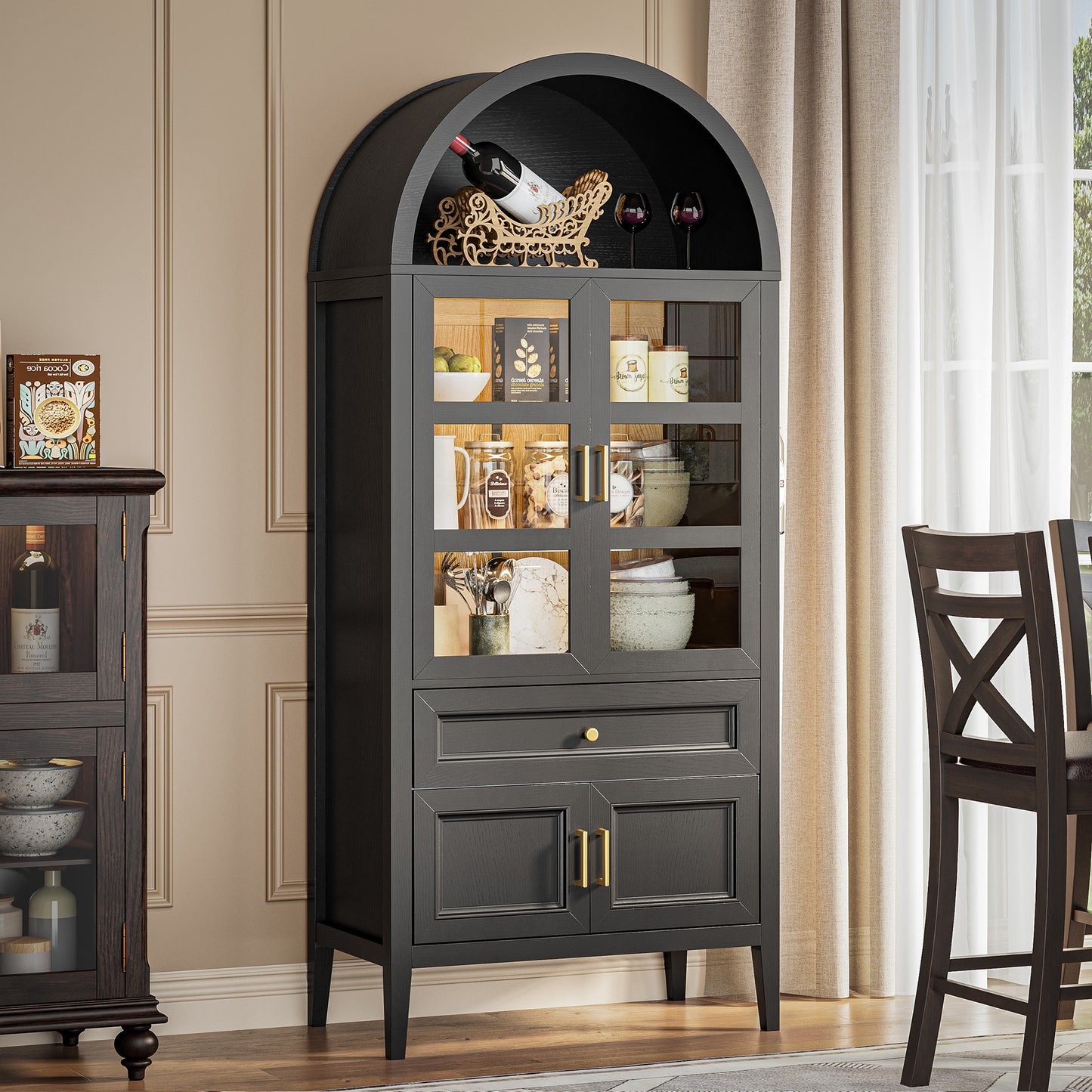 Arched Storage Cabinet with Glass Doors and Auto Sensor LED Lights