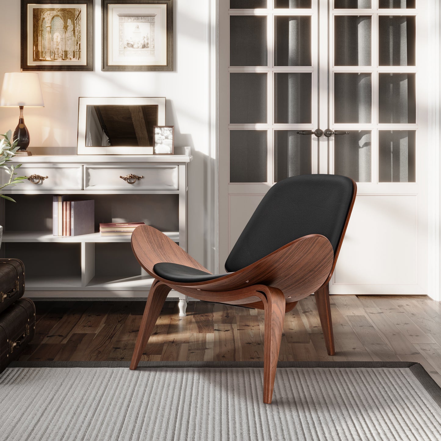 Nordic Three-Legged Shell Chair Faux Leather Armchair for Living Room Office Furniture