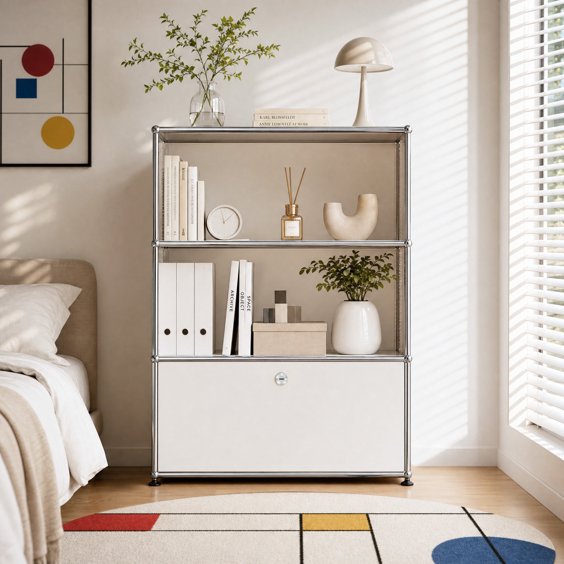 White USM Haller Style Modular Storage Cabinet – 3-Tier Chrome