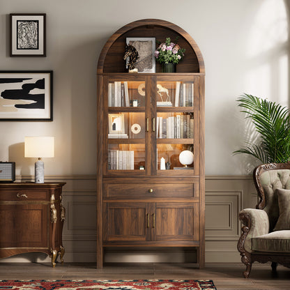 71'' Tall Full Wood Arched Storage Cabinet Adjustable Shelves Bookcase With LED Lights