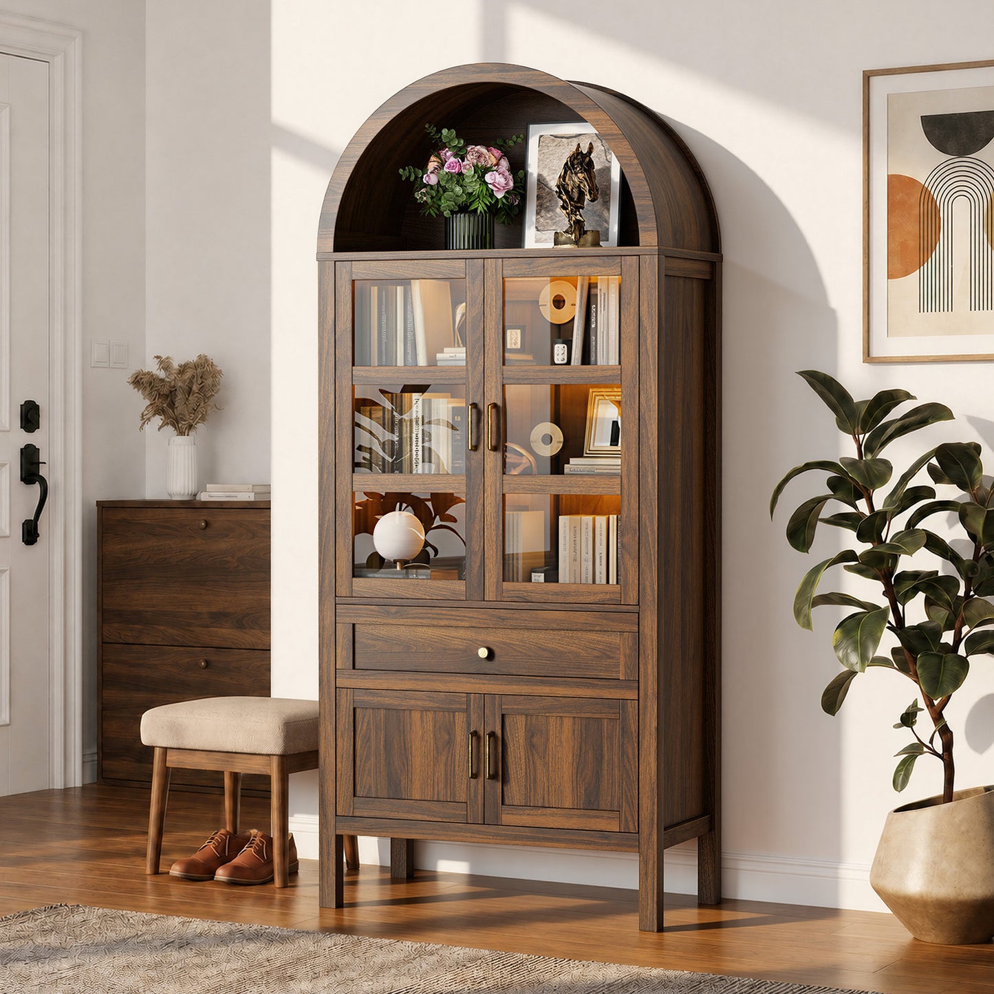 71'' Tall Full Wood Arched Storage Cabinet Adjustable Shelves Bookcase With LED Lights
