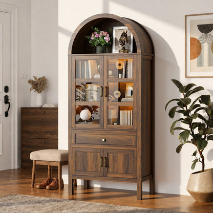 71'' Tall Full Wood Arched Storage Cabinet Adjustable Shelves Bookcase With LED Lights
