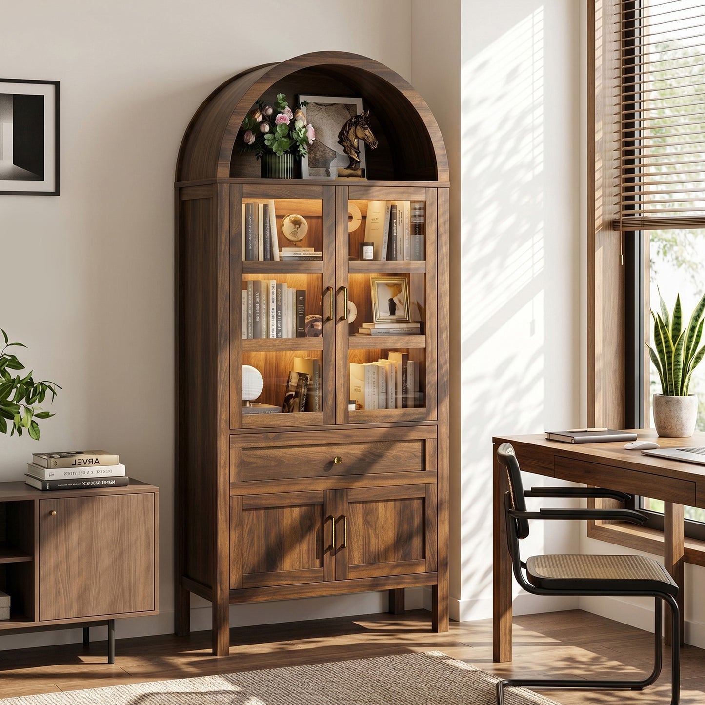 71'' Tall Full Wood Arched Storage Cabinet Adjustable Shelves Bookcase With LED Lights
