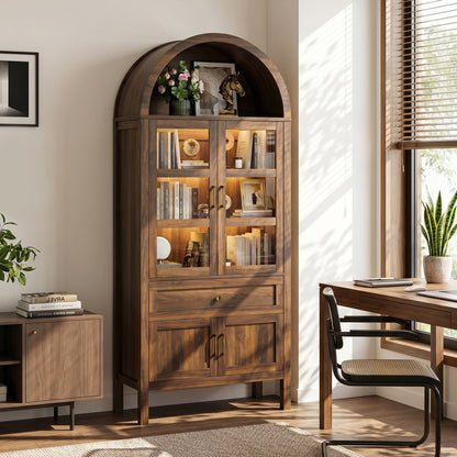 71'' Tall Full Wood Arched Storage Cabinet Adjustable Shelves Bookcase With LED Lights