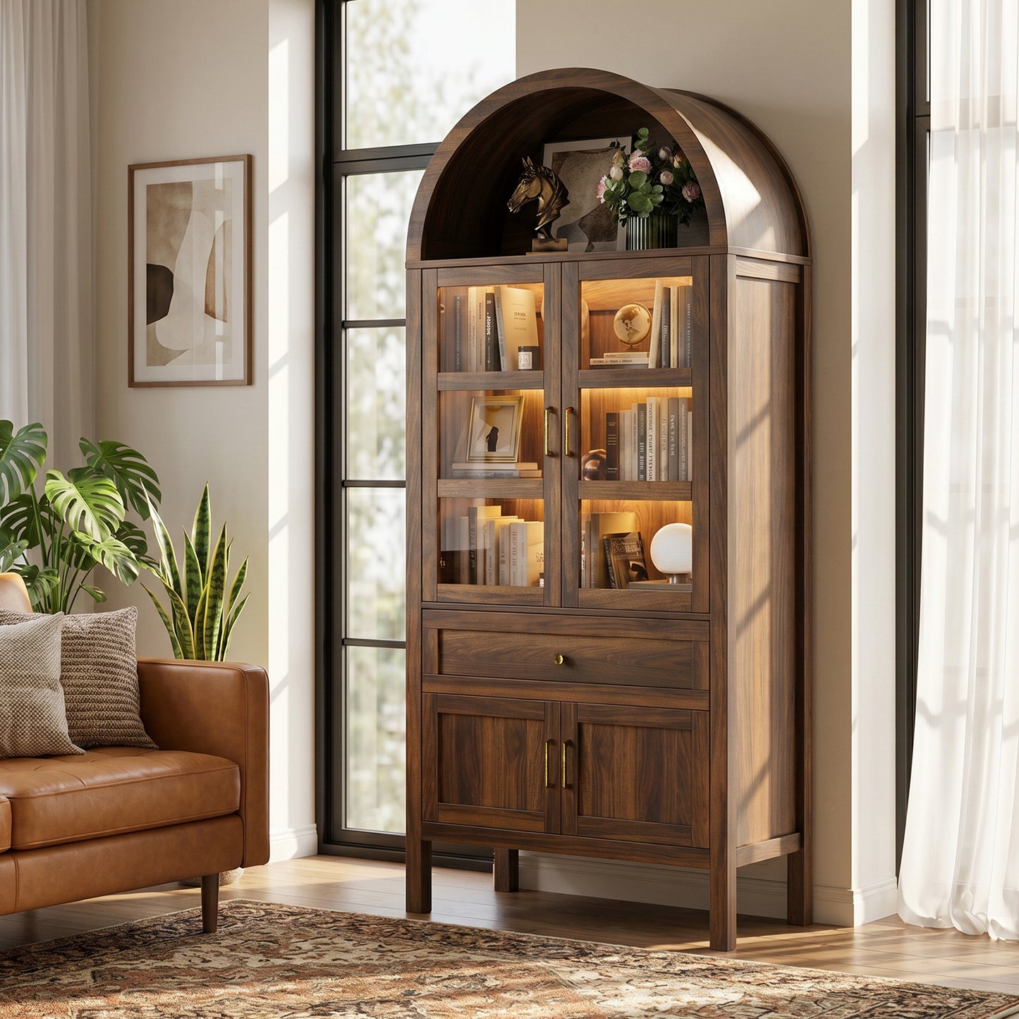 71'' Tall Full Wood Arched Storage Cabinet Adjustable Shelves Bookcase With LED Lights