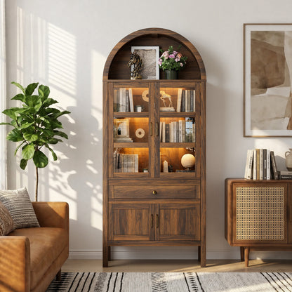 71'' Tall Full Wood Arched Storage Cabinet Adjustable Shelves Bookcase With LED Lights