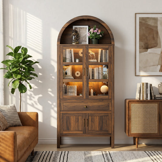 71'' Tall Full Wood Arched Storage Cabinet Adjustable Shelves Bookcase With LED Lights
