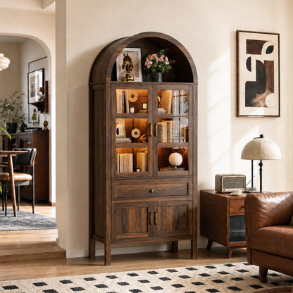 71'' Tall Full Wood Arched Storage Cabinet Adjustable Shelves Bookcase With LED Lights