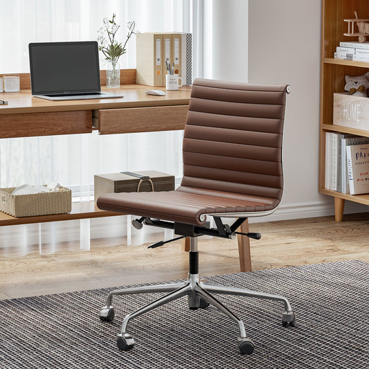 Ribbed Genuine Leather Armless Executive Swivel Eames office chair | FHSLIFE