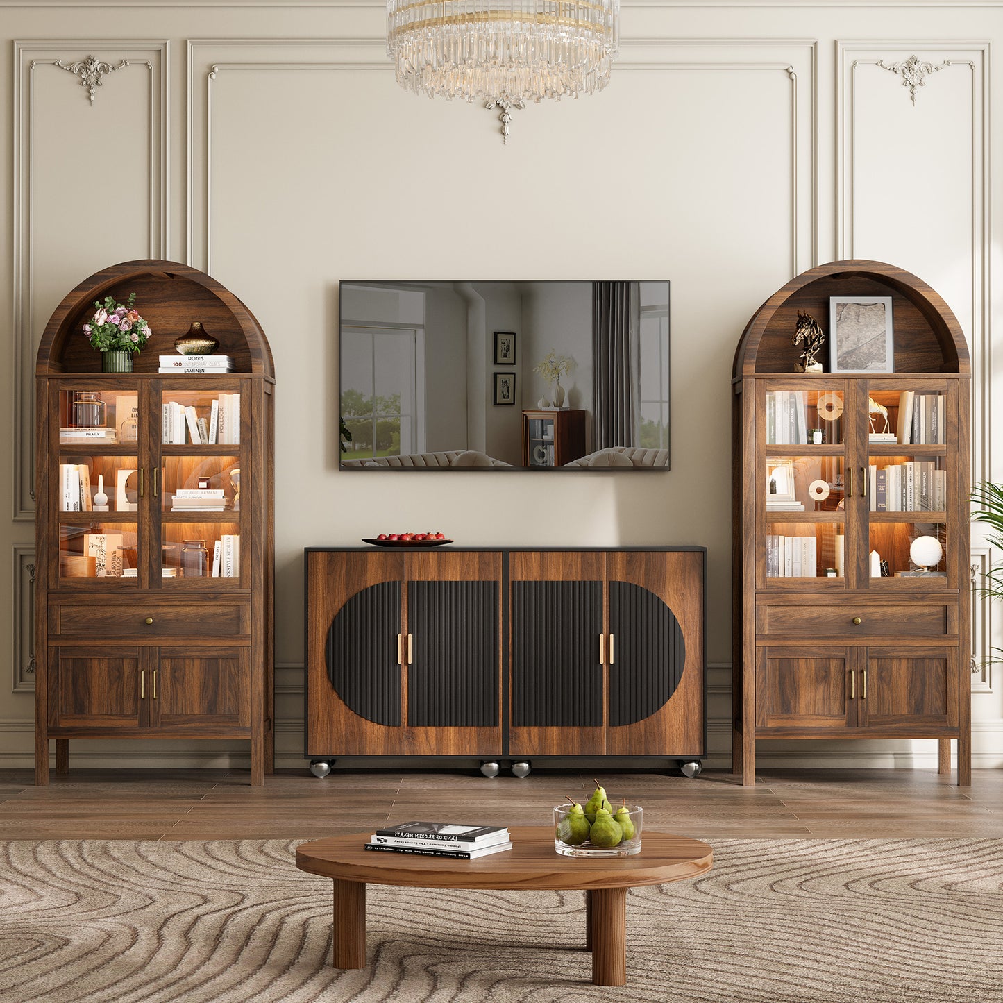 71'' Tall Full Wood Arched Storage Cabinet Adjustable Shelves Bookcase With LED Lights