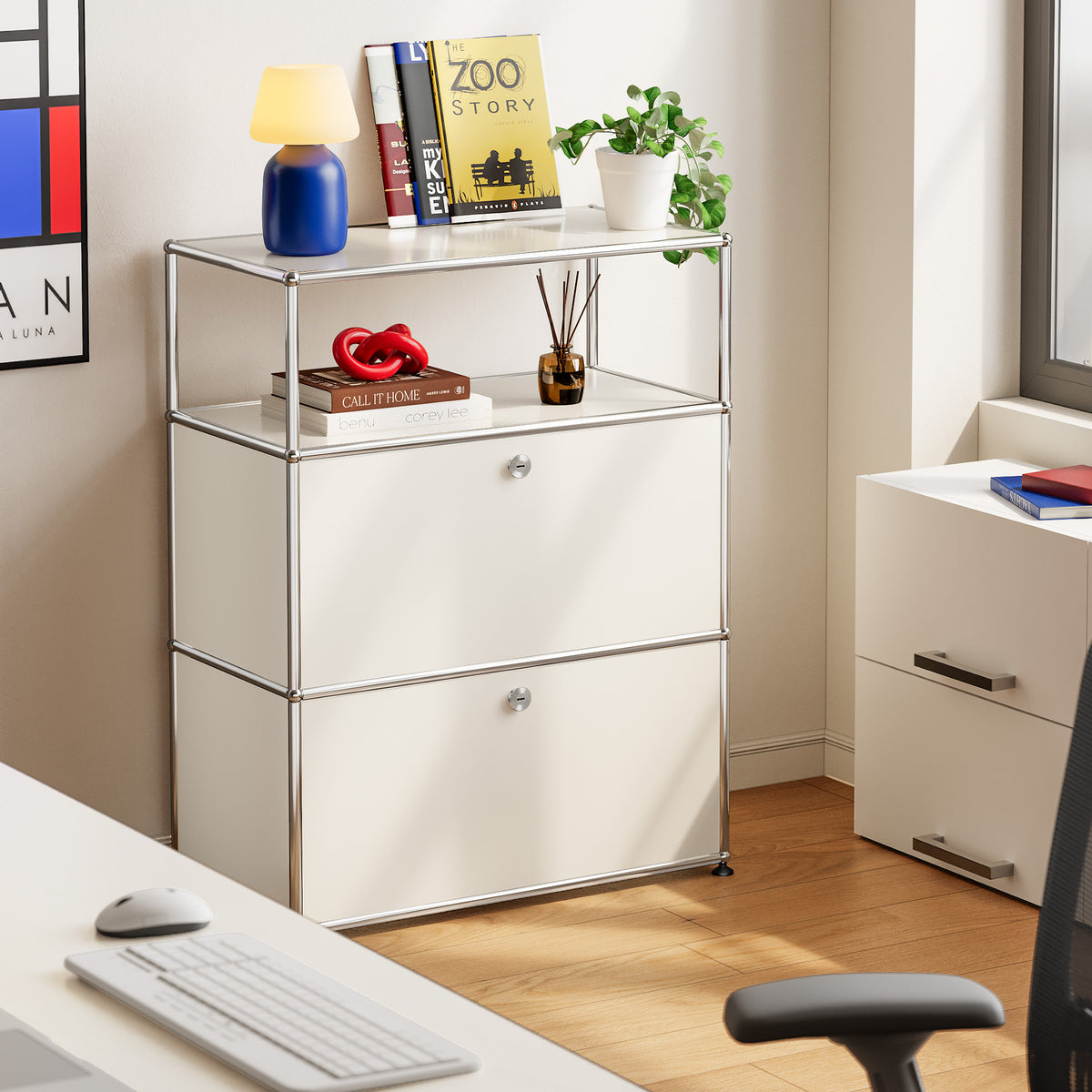 White USM Haller Style Modular Storage Cabinet with Open Shelf & Lockable Doors
