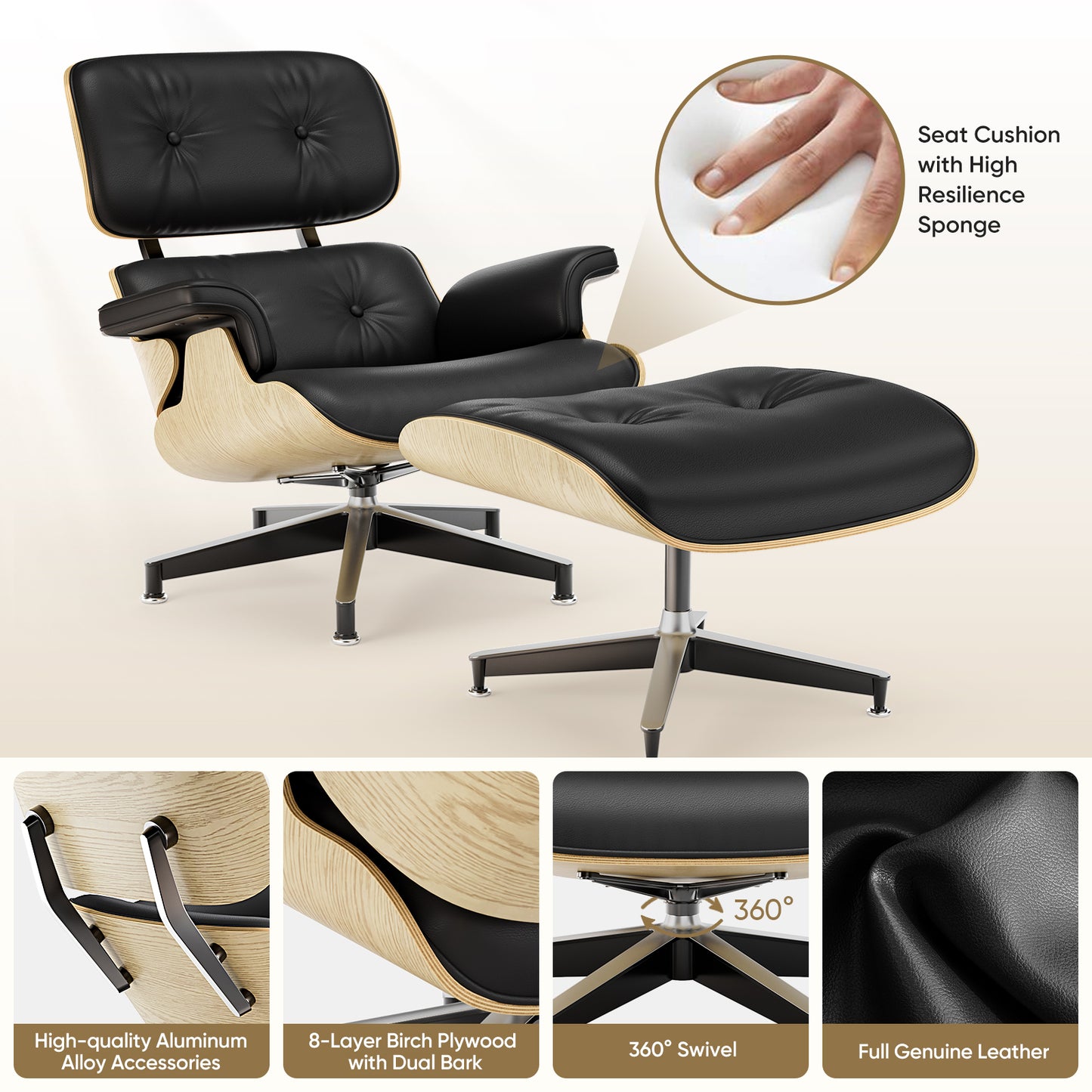 Replica Genuine Leather Eames Lounge Chair and Ottoman