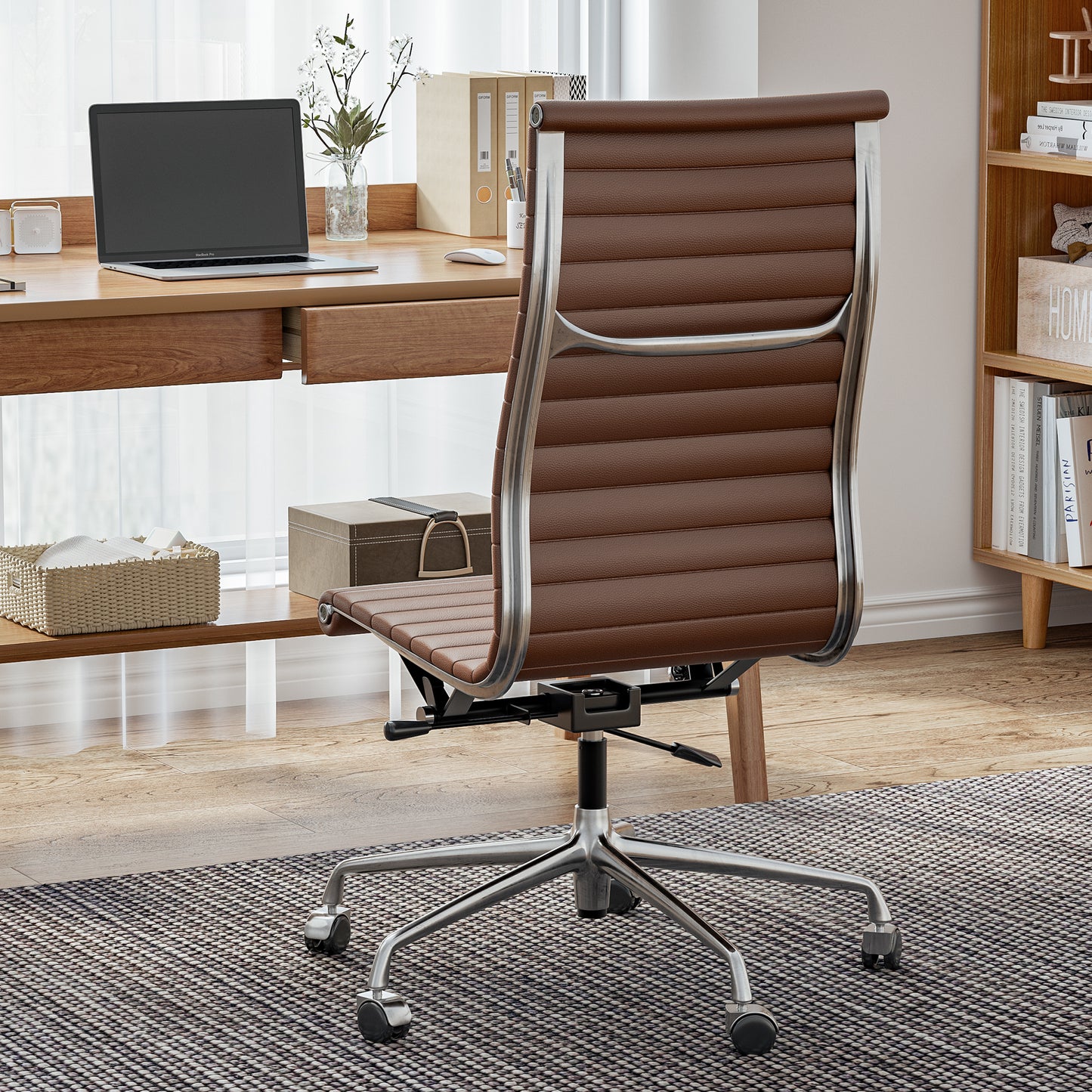 Ribbed Genuine Leather Eames Armless Executive Swivel office chair