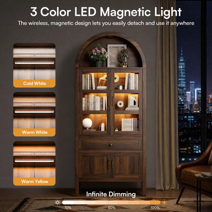 71'' Tall Full Wood Arched Storage Cabinet Adjustable Shelves Bookcase With LED Lights