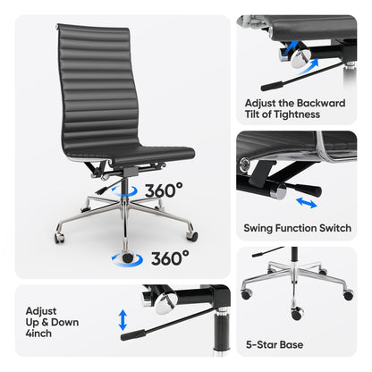 Ribbed Genuine Leather Eames Armless Executive Swivel office chair