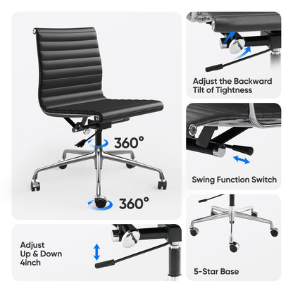 Ribbed Genuine Leather Eames Armless Executive Swivel office chair