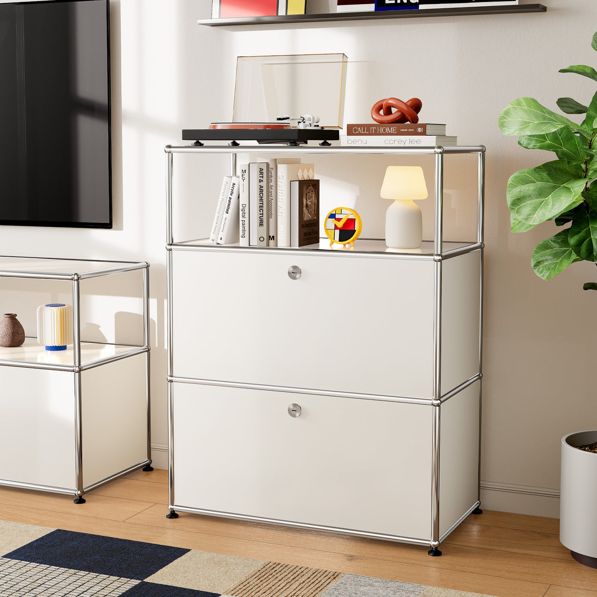 White USM Haller Style Modular Storage Cabinet with Open Shelf & Lockable Doors