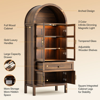 71'' Tall Full Wood Arched Storage Cabinet Adjustable Shelves Bookcase With LED Lights