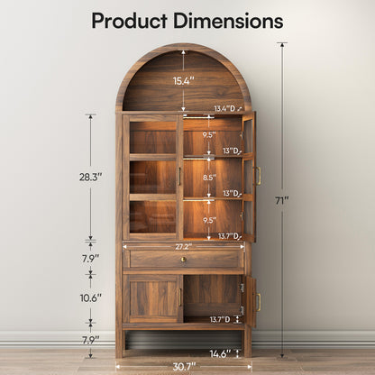 71'' Tall Full Wood Arched Storage Cabinet Adjustable Shelves Bookcase With LED Lights
