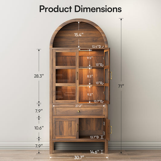 71'' Tall Full Wood Arched Storage Cabinet Adjustable Shelves Bookcase With LED Lights
