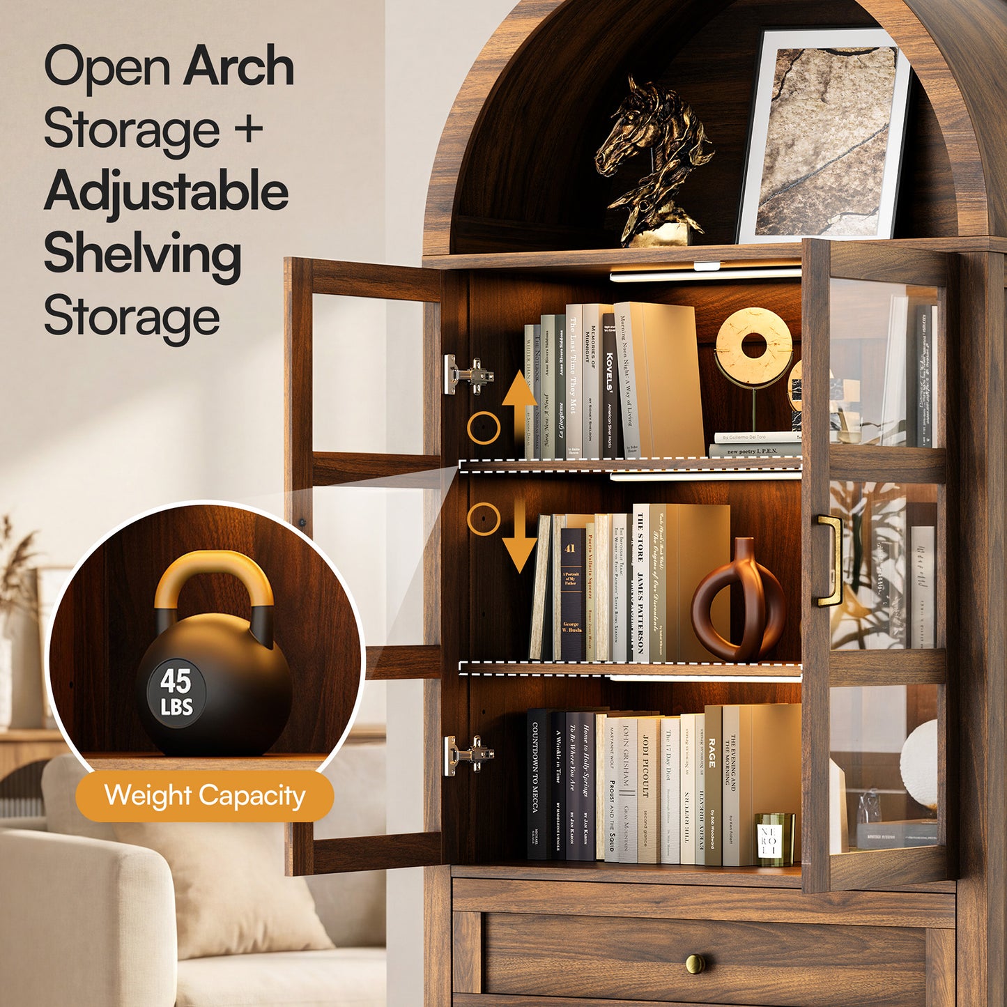 71'' Tall Full Wood Arched Storage Cabinet Adjustable Shelves Bookcase With LED Lights