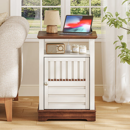 Farmhouse Style End Table with Storage Cabinet & USB Charging Ports