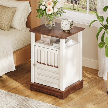Farmhouse Style End Table with Storage Cabinet & USB Charging Ports