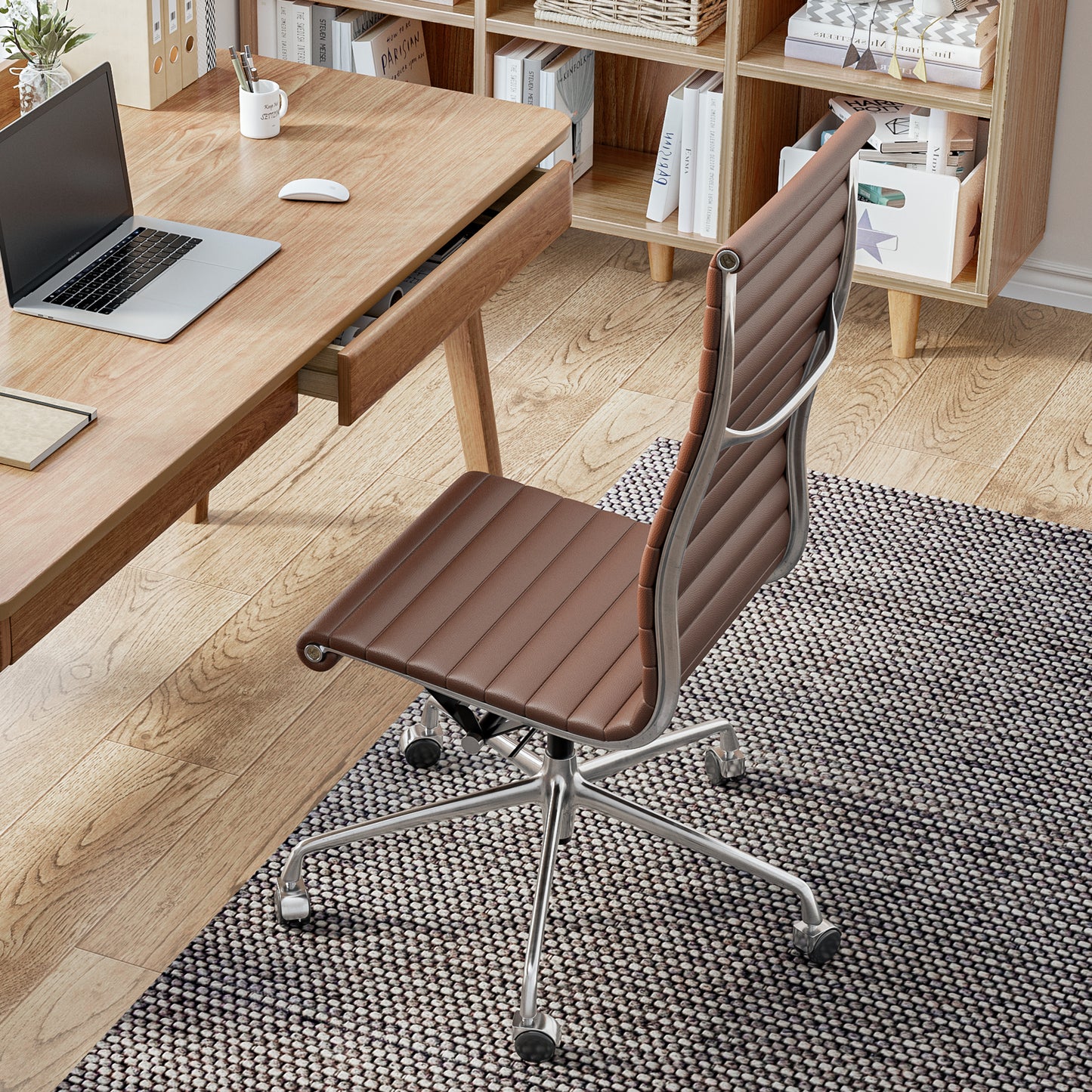 Ribbed Genuine Leather Eames Armless Executive Swivel office chair