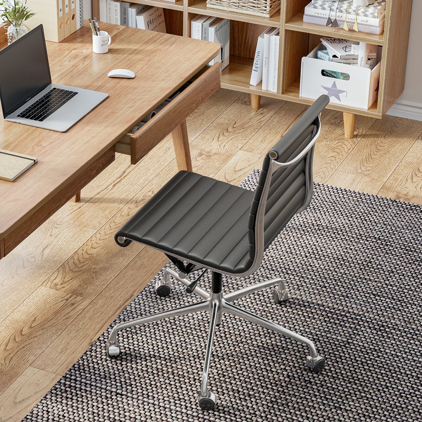 Ribbed Genuine Leather Eames Armless Executive Swivel office chair
