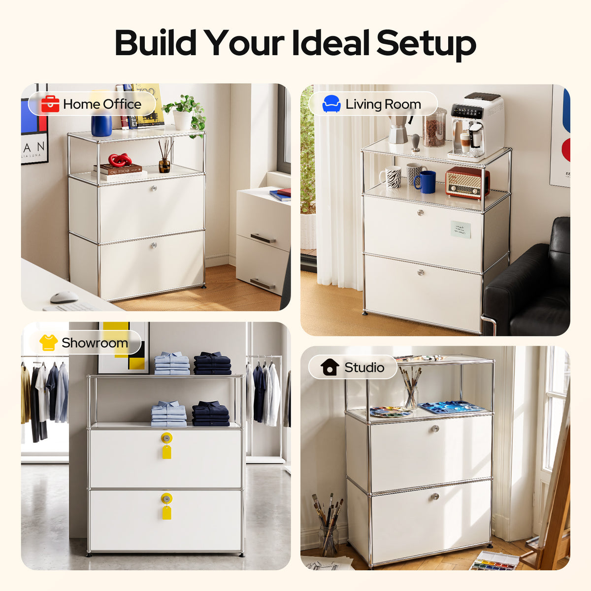 White USM Haller Style Modular Storage Cabinet with Open Shelf & Lockable Doors