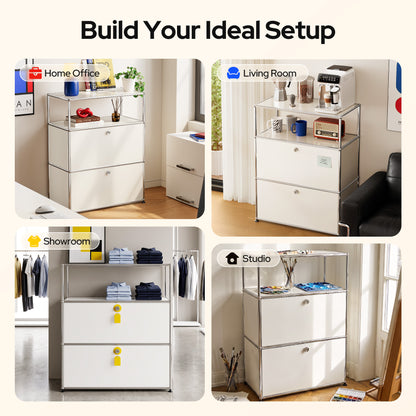 White USM Haller Style Modular Storage Cabinet with Open Shelf & Lockable Doors
