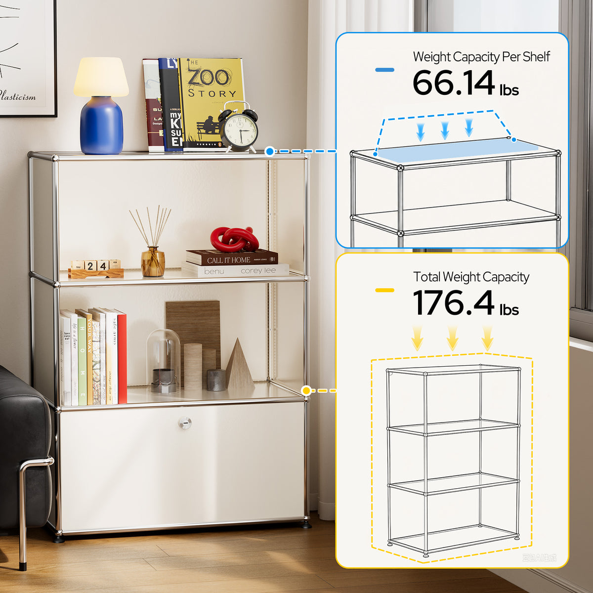 White USM Haller Style Modular Storage Cabinet – 3-Tier Chrome Frame Cabinet