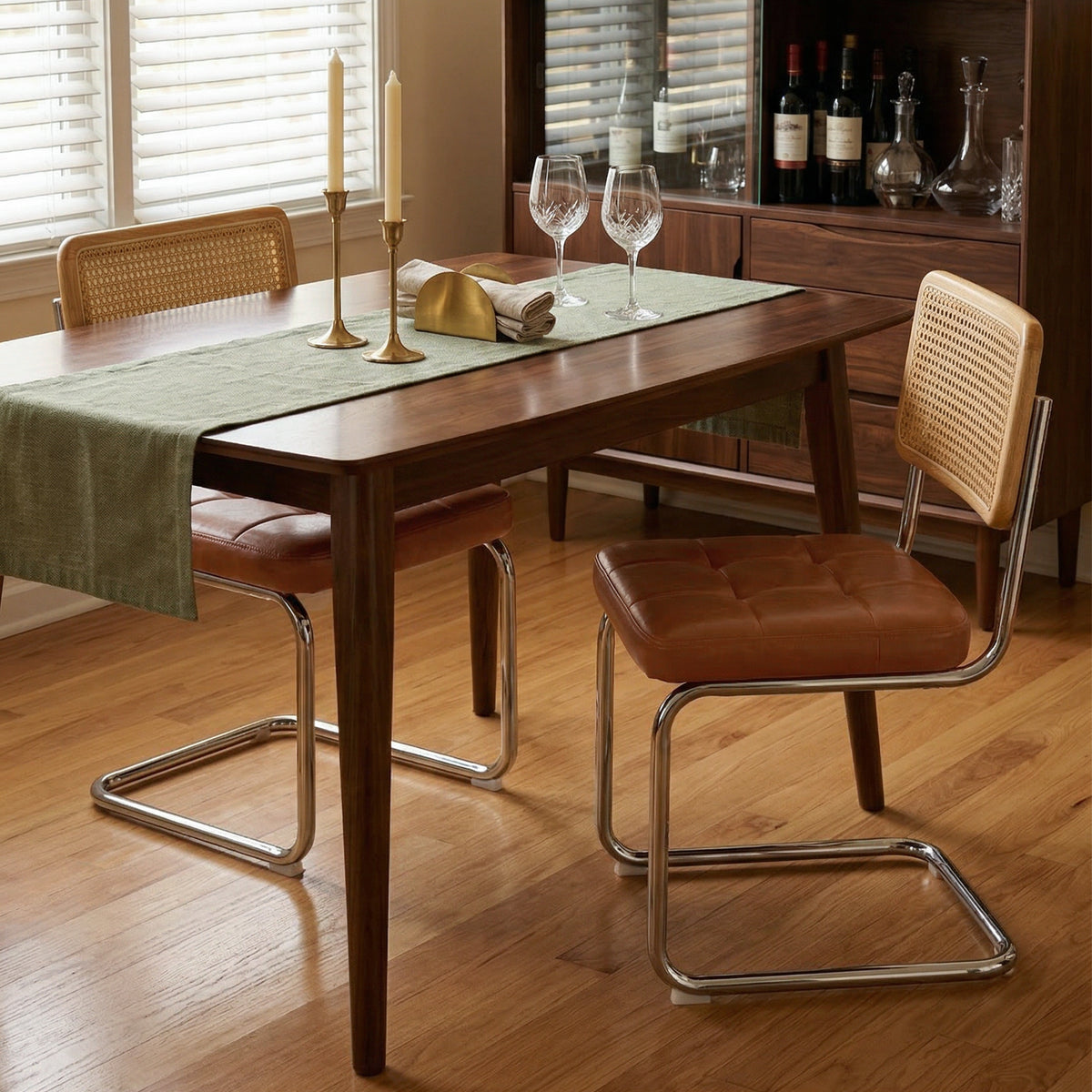 Mid-Century Modern Rattan Leather Dining Chair | Set of 2
