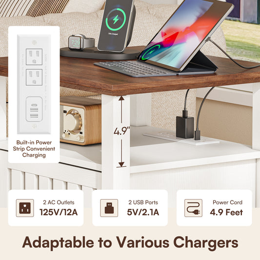 Farmhouse Style End Table with Storage Cabinet & USB Charging Ports