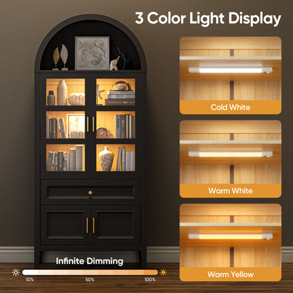 Arched Storage Cabinet with Glass Doors and Auto Sensor LED Lights