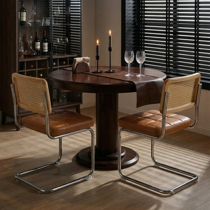 Mid-Century Modern Rattan Leather Dining Chair | Set of 2