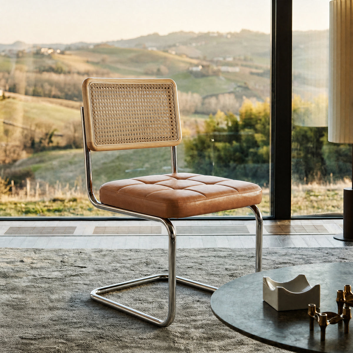 Mid-Century Modern Rattan Leather Dining Chair | Set of 2