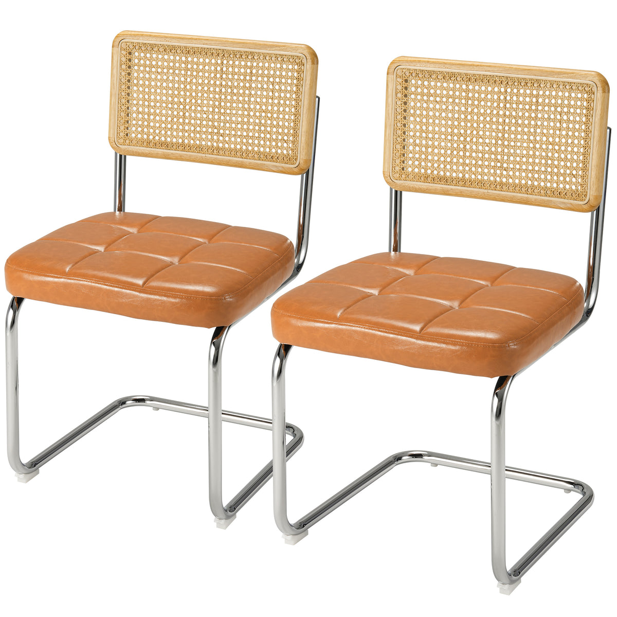 Mid-Century Modern Rattan Leather Dining Chair | Set of 2