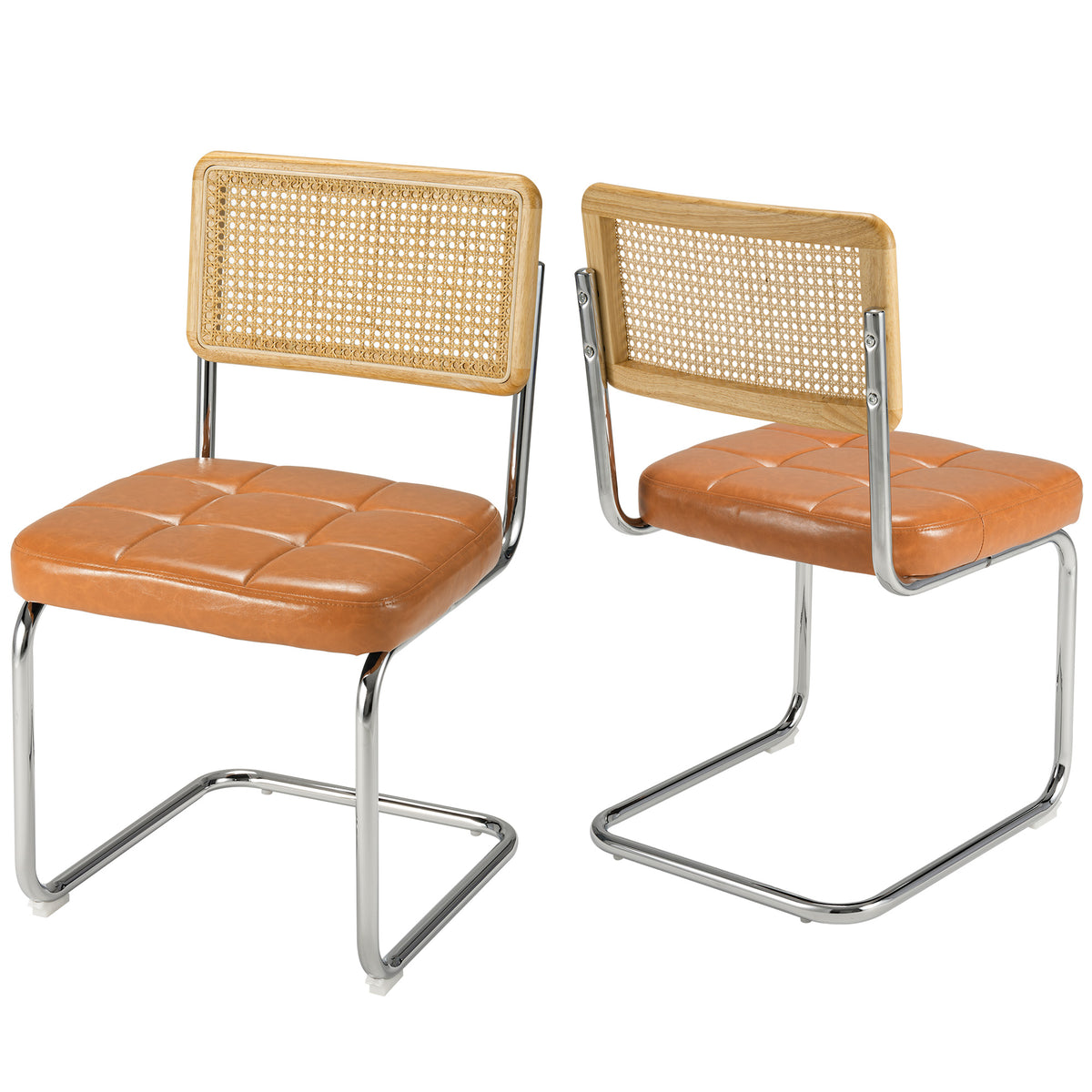 Mid-Century Modern Rattan Leather Dining Chair | Set of 2