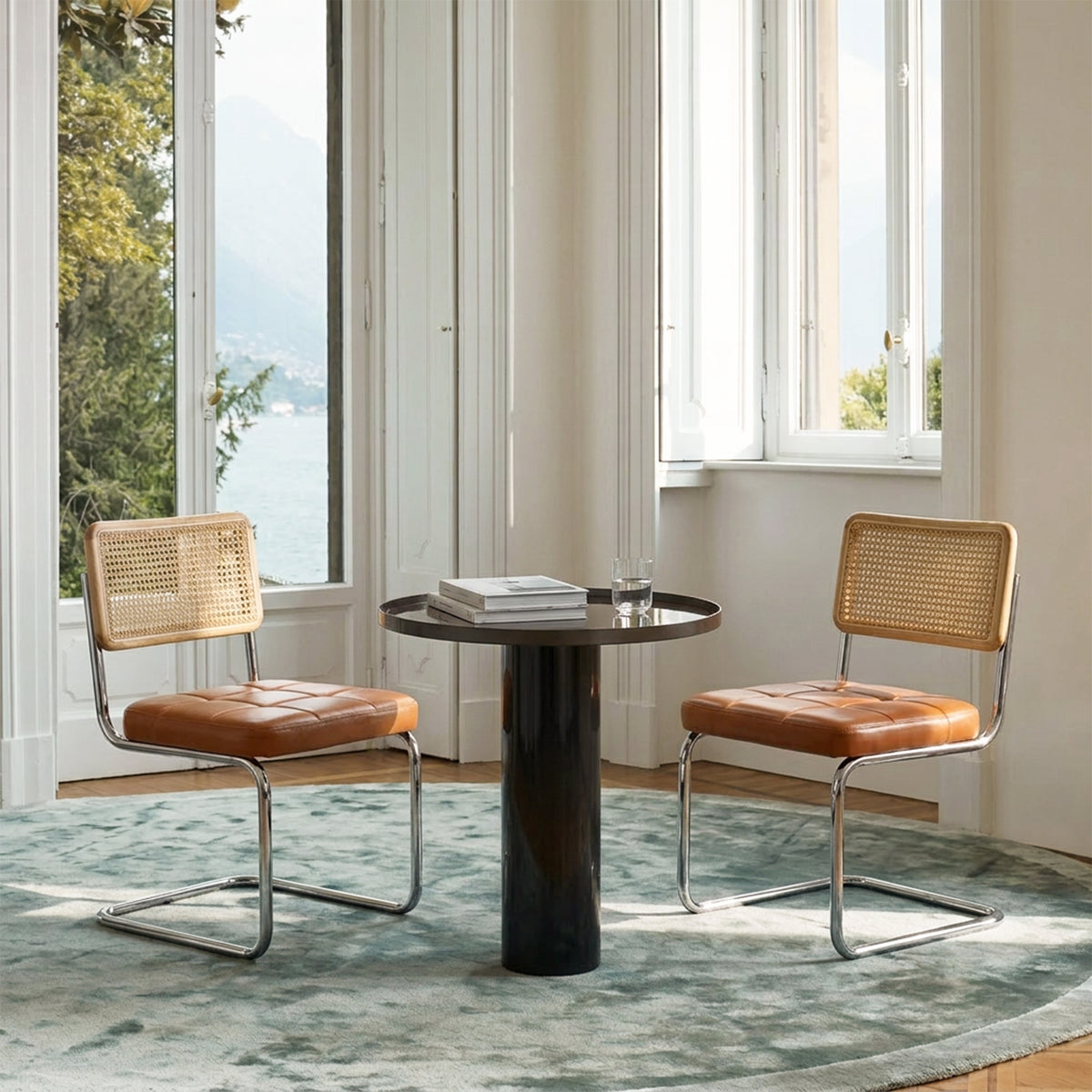 Mid-Century Modern Rattan Leather Dining Chair | Set of 2