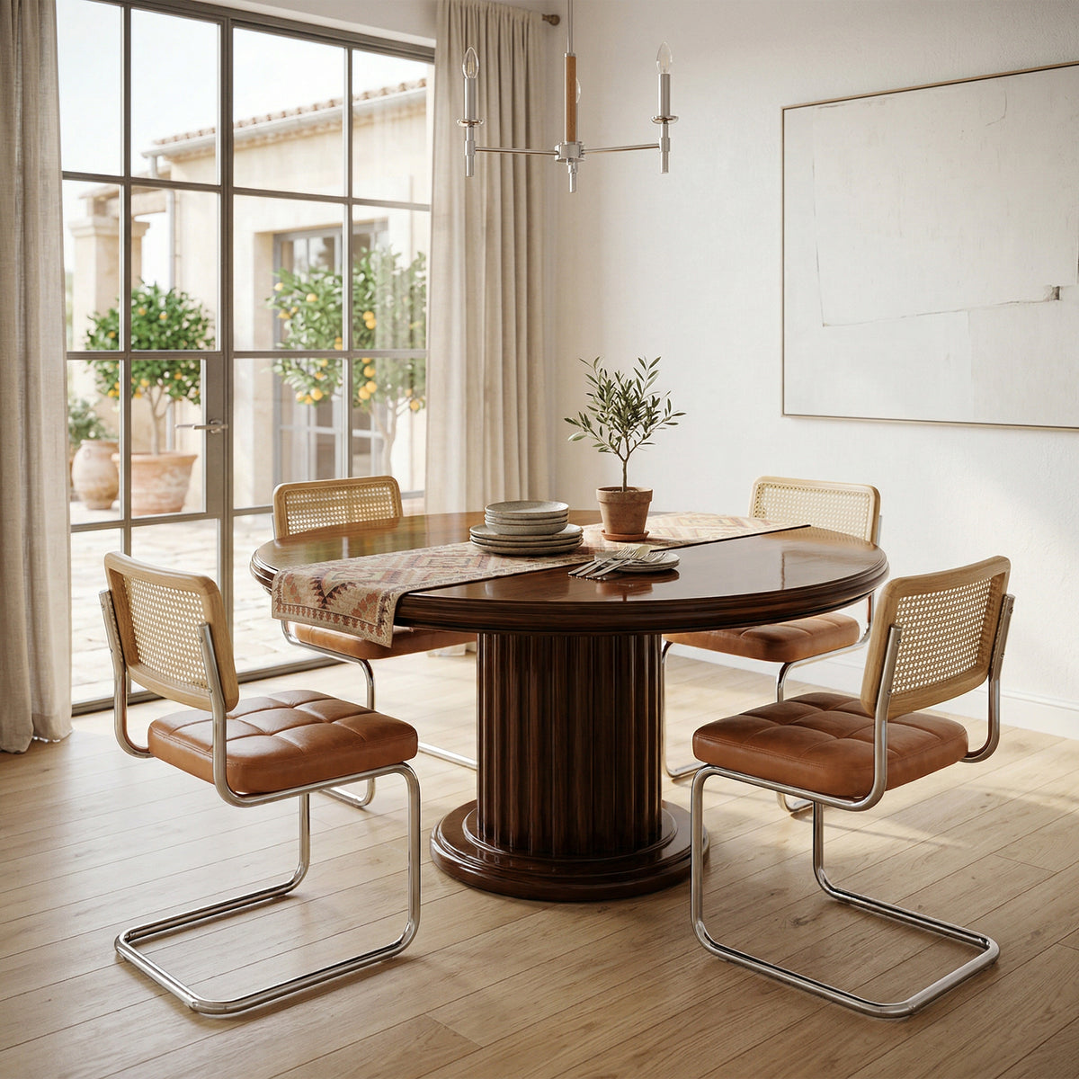 Mid-Century Modern Rattan Leather Dining Chair | Set of 2