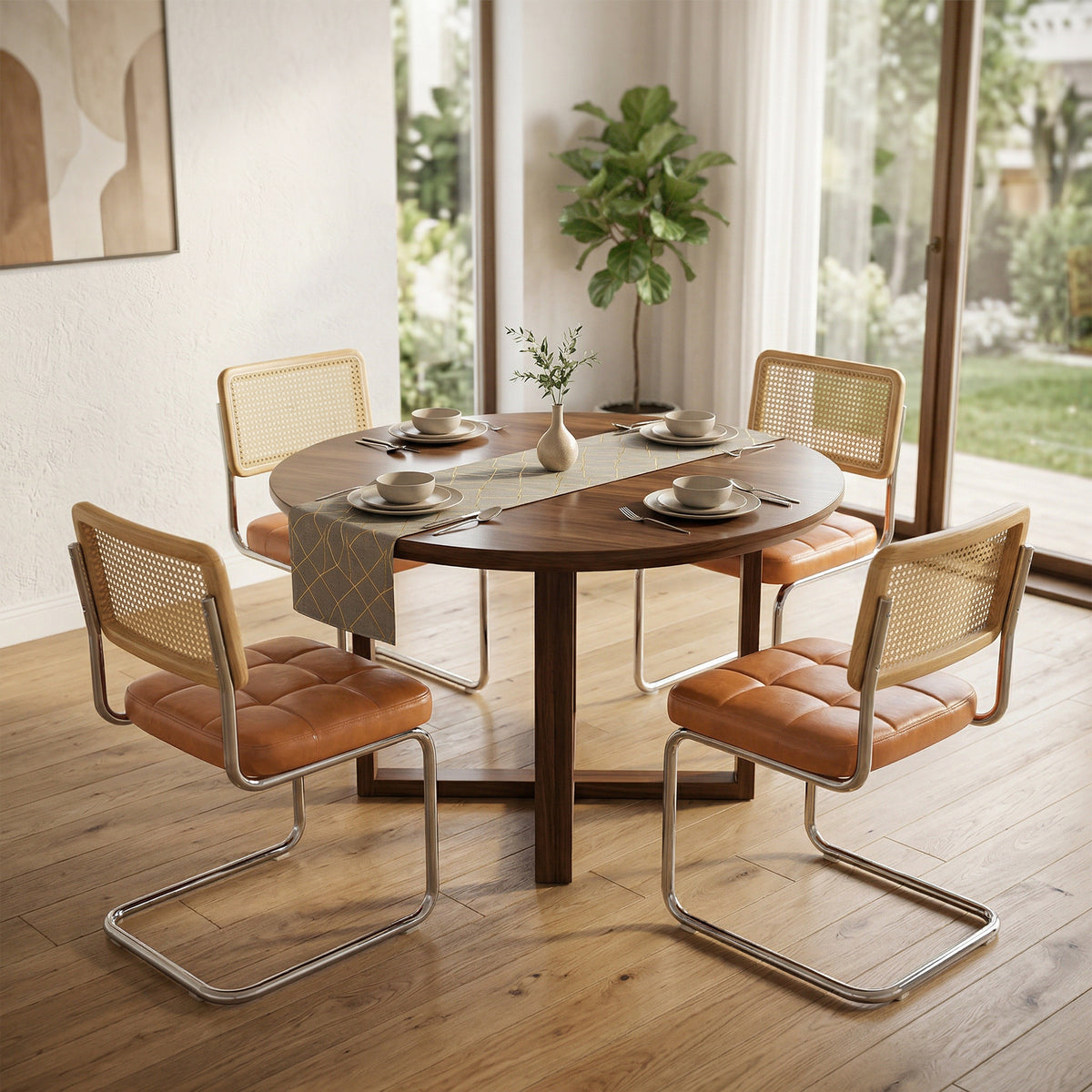 Mid-Century Modern Rattan Leather Dining Chair | Set of 2