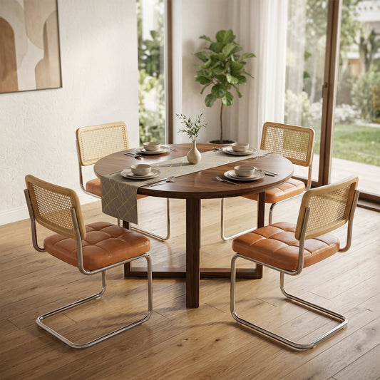 Mid-Century Modern Rattan Leather Dining Chair | Set of 2