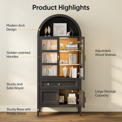 Arched Storage Cabinet with Glass Doors and Auto Sensor LED Lights