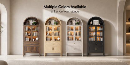 71'' Tall Full Wood Arched Storage Cabinet Adjustable Shelves Bookcase With LED Lights