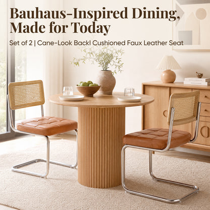 Mid-Century Modern Rattan Leather Dining Chair | Set of 2