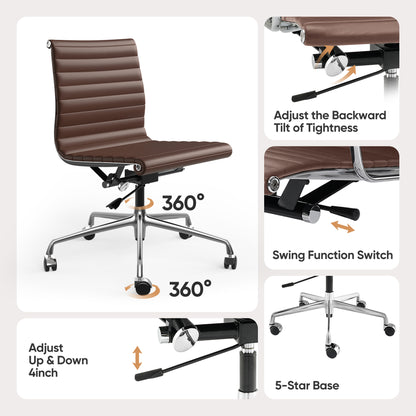 Ribbed Genuine Leather Eames Armless Executive Swivel office chair